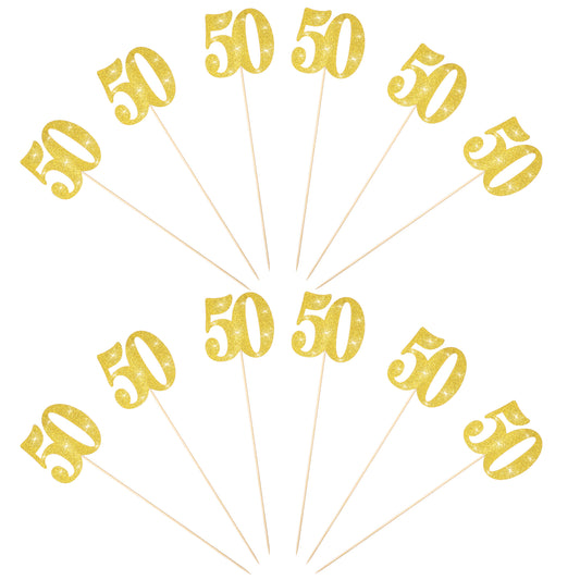 12 Pcs 50th Birthday Centerpiece Sticks Anniversary Centerpiece Sticks Glitter Number 50 Cake Toppers Fifty Table Flower Topper Decorations for Anniversary Party Supplies Gold