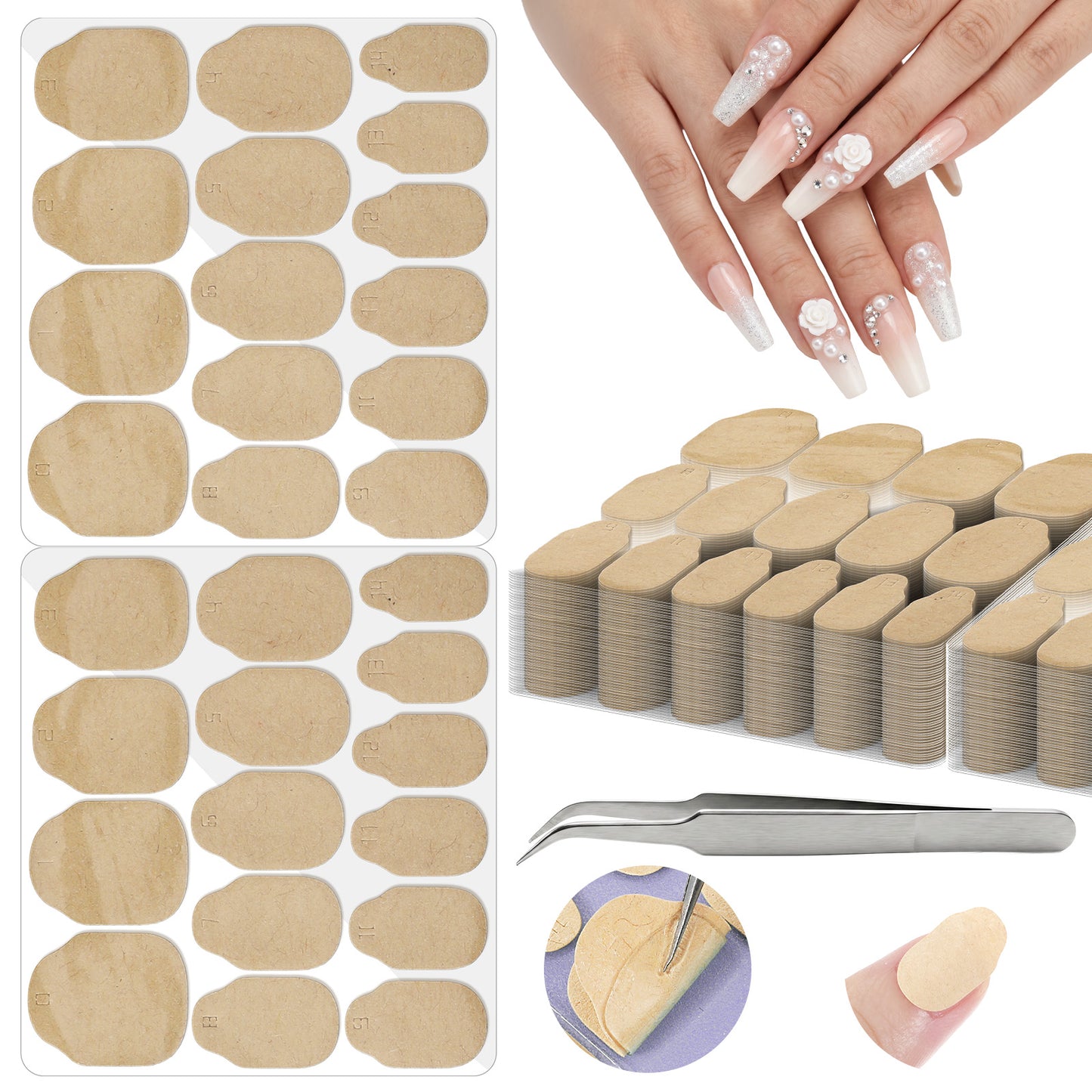 Nogeqi 600 PCS Sticky Tabs for Nails, 15 Sizes Ultra Thin Nail Adhesive Tabs Long-Lasting, Waterproof Double-Sided Nail Stickers for Press Ons for Manicure Nailart Accessories (40 Sheets)
