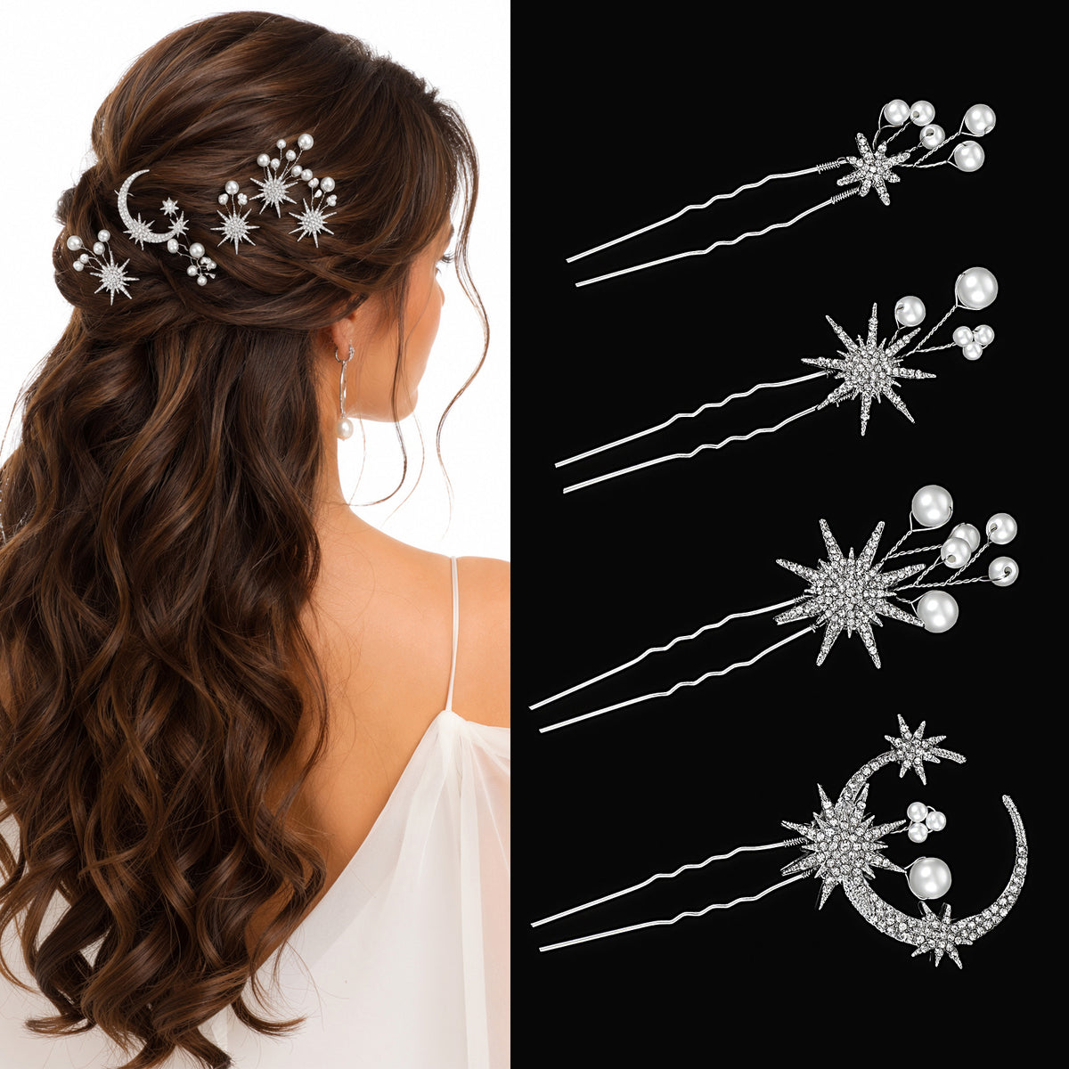 Ouligay 4Pcs Crystal Pearl Hair Pin Silver Star Moon Hair Clips Decorative