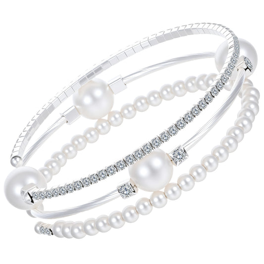Ymapinc Pearl Bracelets for Women Silver，Silver Stretch Bracelets for Women Stackable，Three Layer Bracelet with Pearls and Rhinestones Exquisite Jewelry Decoration