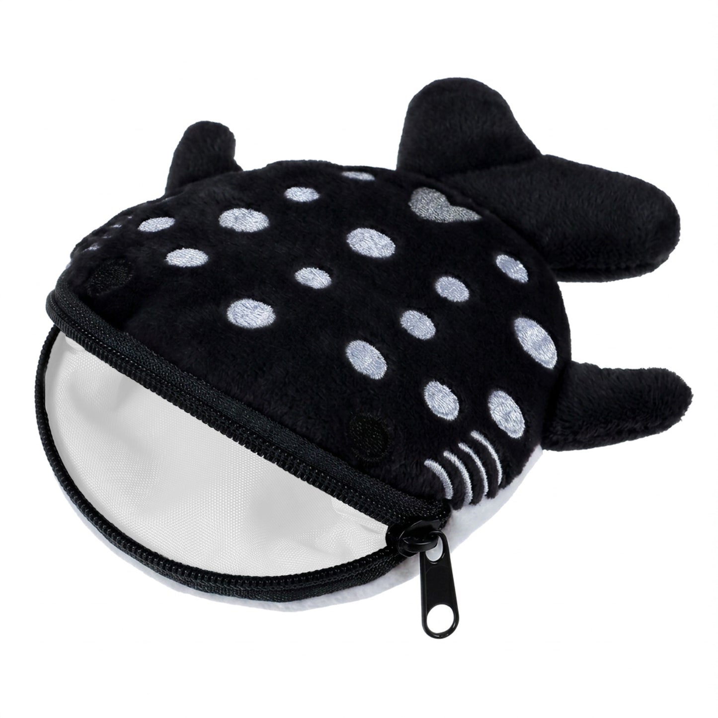 Mabor Shark Coin Purse - Cute Kawaii Plush Animal Pouch, 4.3" Wide Zipper Opening Change Wallet for Women, Small Funny Sea Cartoon Bag Charm & Earphone Holder, Black