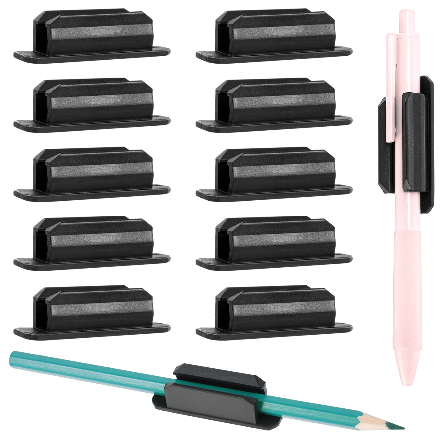 Xinjoduz 10 PCS Pen Holder for Desk, Black Plastic Pencil Holder with Double Sided Sticky Tape Flexible Marker Holder Clip Pen Holder for Clipboard Wall Desk Computer Whiteboard, Teacher Supplies