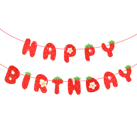 Tyqour 1Pcs Strawberry Happy Birthday Banner, Strawberry Birthday Decorations, Berry Sweet Girl Party Decor, Strawberry Backdrop Dessert Table Photo Banner Supplies for Birthday Party Hanging Decorati