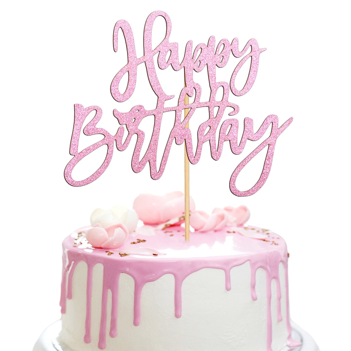 Pink Happy Birthday Cake Topper Glitter Birthday Cake Decorations Cakes Pick for Celebrating Happy Anniversary Party Cupcake Decorations Supplies for Women and Girls