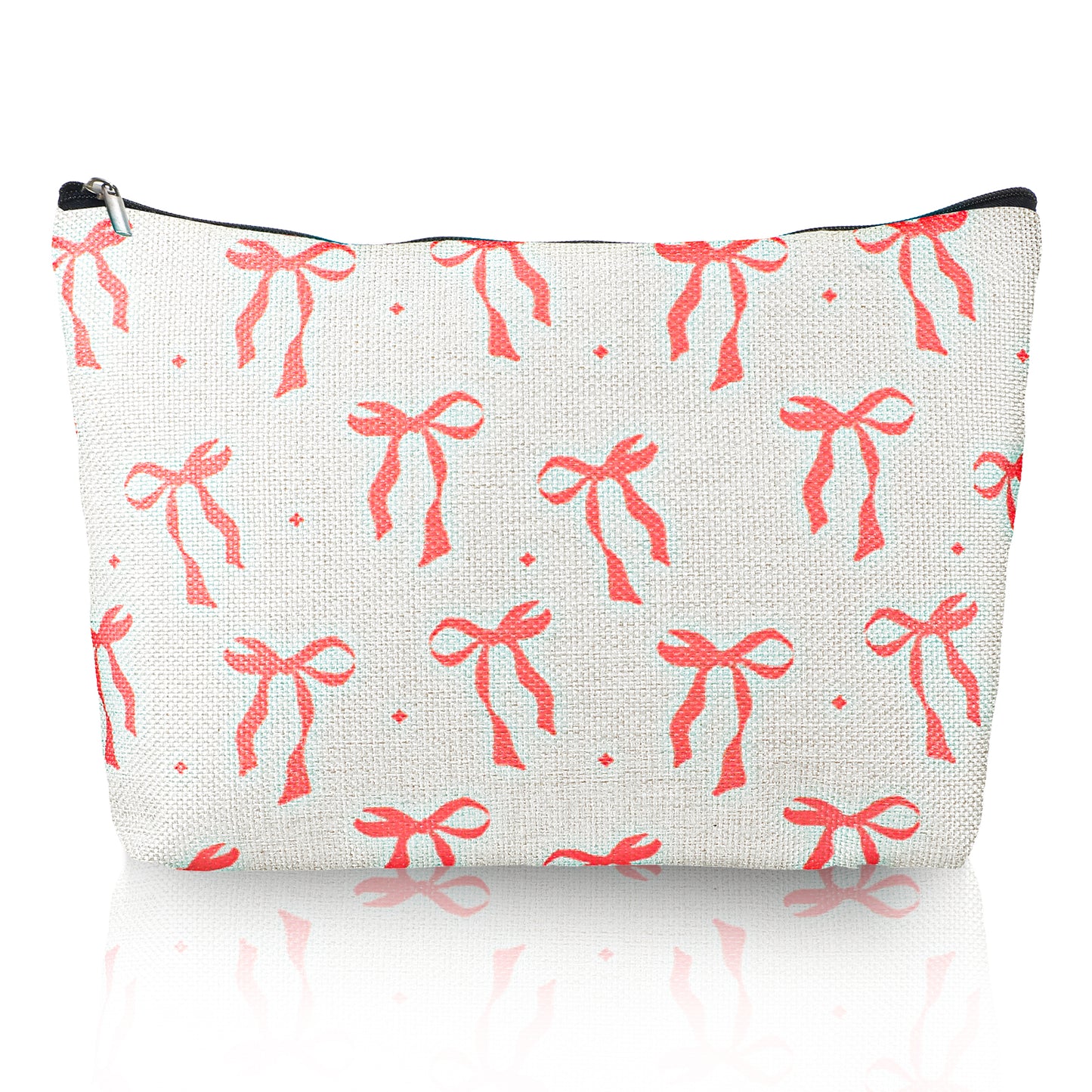 Pink Coquette Bow Makeup Bag, Cute Makeup Bags, Trendy Preppy Cosmetic Bag Lovely Heart and Bow Make up Pouch with Zipper, Travel Toiletry Bags Gifts for Women Teens Girls, Beige
