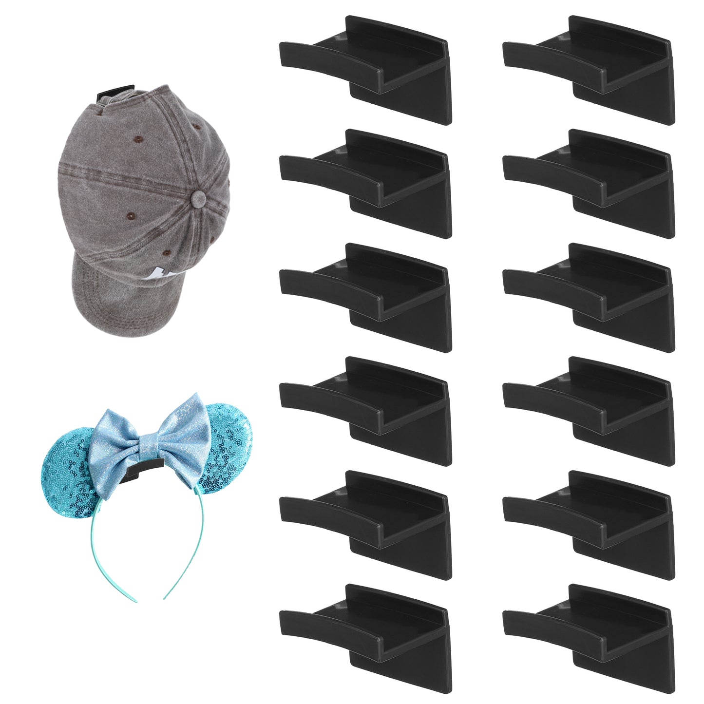 Tyqour 12pcs Hat Hooks for Wall Adhesive Minimalist Hanging Hat Rack Strong Hold Baseball Cap Rack No Drilling Hat Organizers (Black)