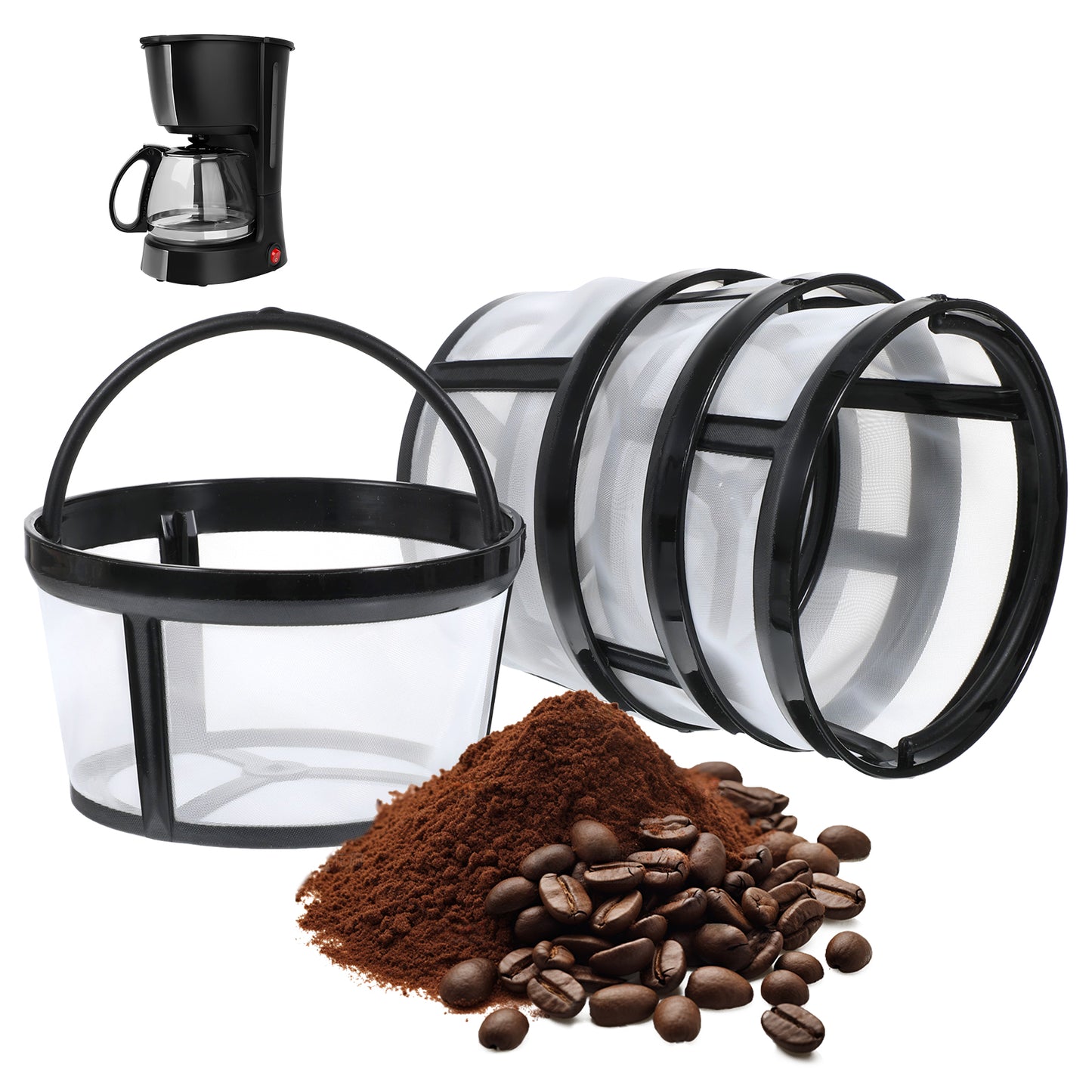4 Pcs Reusable Coffee Filter with Handle Basket-Style Filter Fits Coffee Makers and Brewers Replaces Your Paper Strainer for Most 8-12 Cup Basket Machine