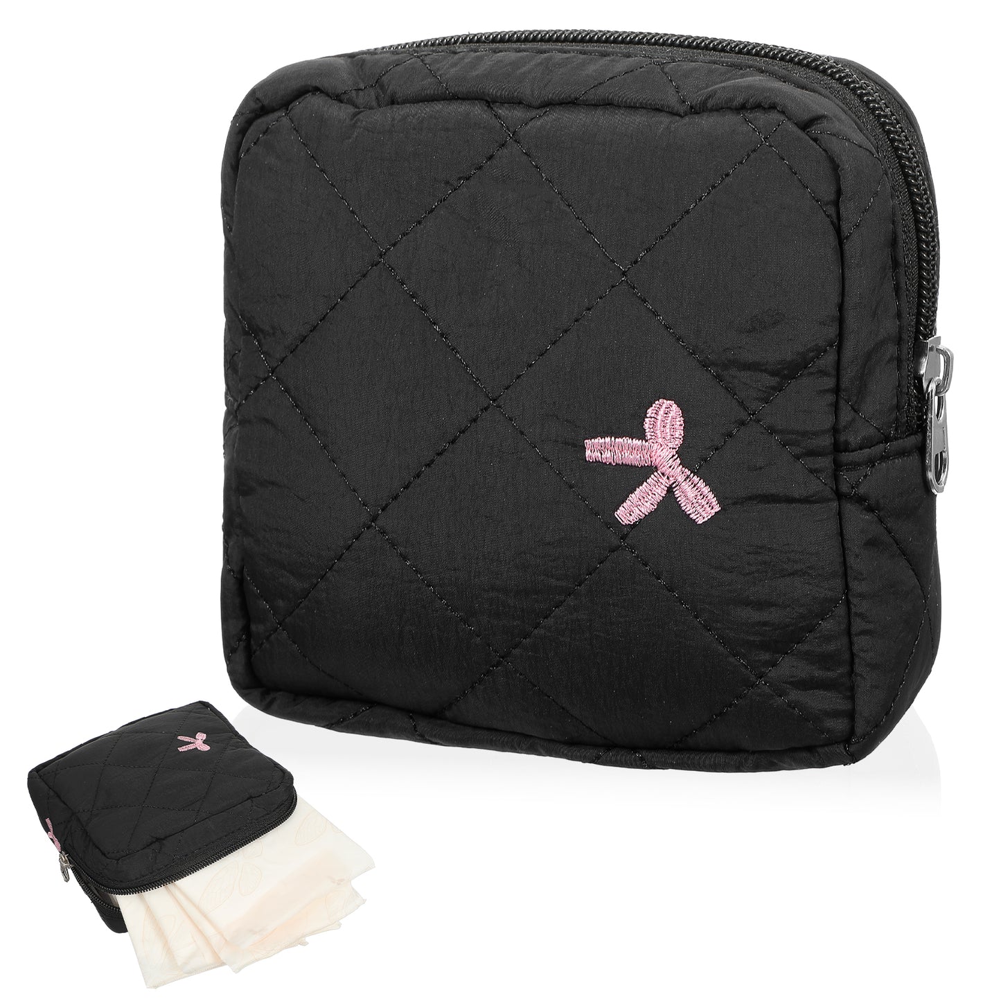 Mabor Period Bag Black Polyester Pouch with Zinc Alloy Zipper Cute Bow Sanitary Napkin Storage Case Large Capacity Pad Tampon Holder for Purse School Travel First Period Kit