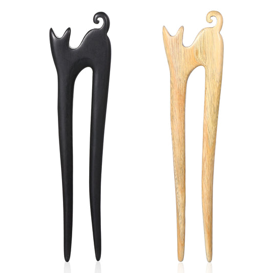 2 Pcs U Shape Wooden Hair Sticks Handmade Carved Wood French Hair Forks With Cute Cat Design 2-Prong Vintage Wood Hair Pins For Women Girls Chignon Bun Updo Hairstyle Accessories Long Thick Hair