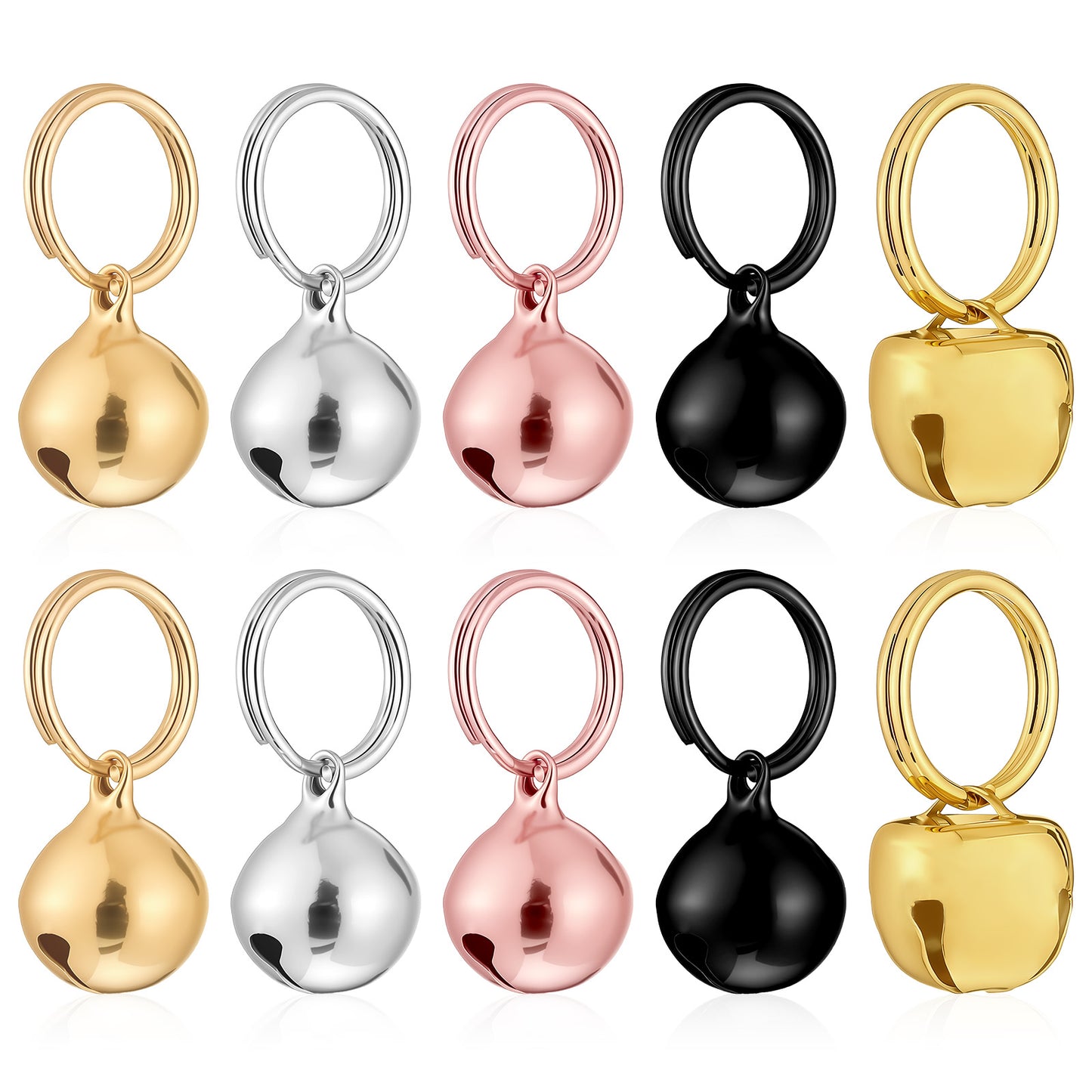 RAHHLIZS 10Pcs Bell for Dog Collar Cat Bell Small Dog Bells with Key Rings Stainless Steel for Puppy Collars Pet Accessories (Silver Black Gold)