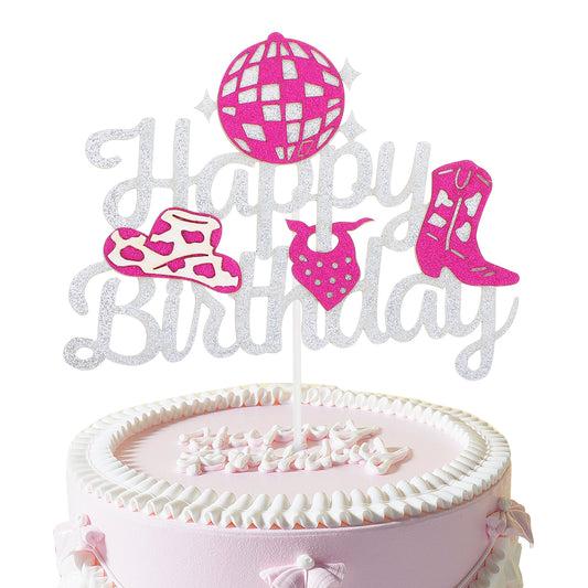 Tyqour Cowgirl Birthday Cake Topper Glitter Cowgirl Birthday Party Decorations Silver Pink Cowgirl Cupcake Toppers for Bachelorette Party 70s 80s 90s Theme Disco Party Decorations Supplies