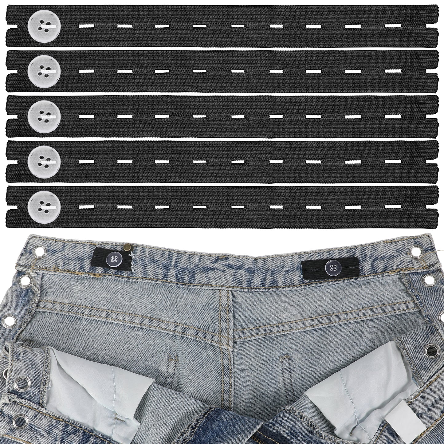 Xinjoduz 10 PCS Pants Waist Tightener Jean Size Adjuster Pants Button Tightener Waist Adjuster for Loose Jean Adjustable Elastic Extenders Waistband with 20 Buttons Needles and Thread Belt(black)