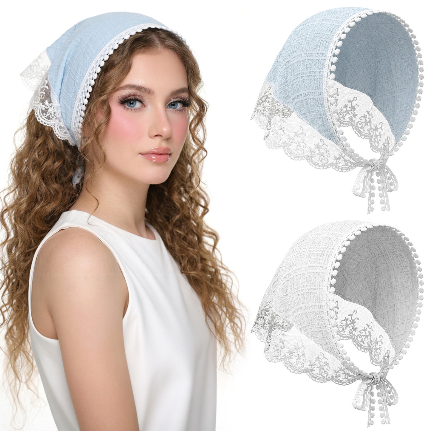 Sorcristy 2 Pcs Head Scarf Headband for Women’S Hair Triangle Polyester Bandana Headband Bandanas for Women Cute Stylish Head Kerchief Summer Accessories (White Blue)