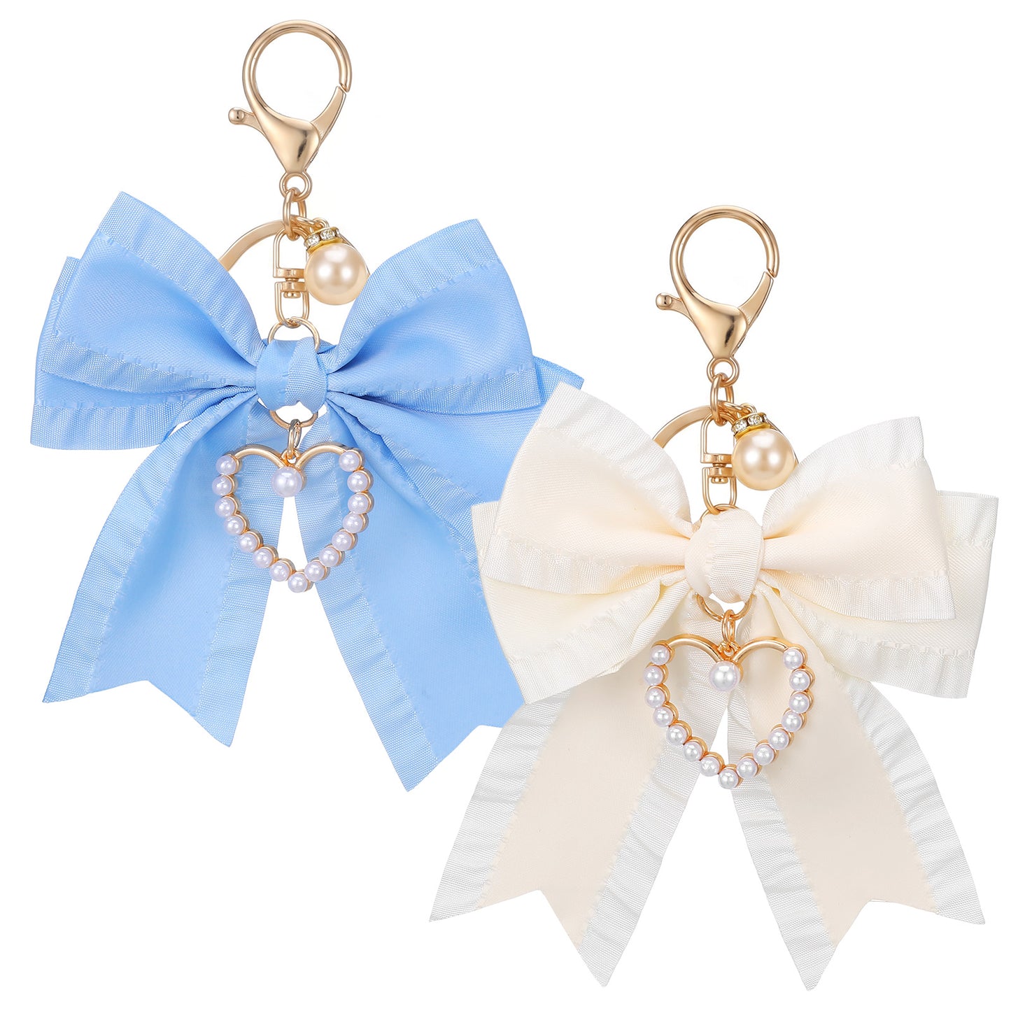Shimmeroo 2PCS Pearl Bowknot Bag Charm, Cute Bow Chain for Purse Keychain, Wallet Backpack Accessories, Pearl Wristlet in Blue & Beige