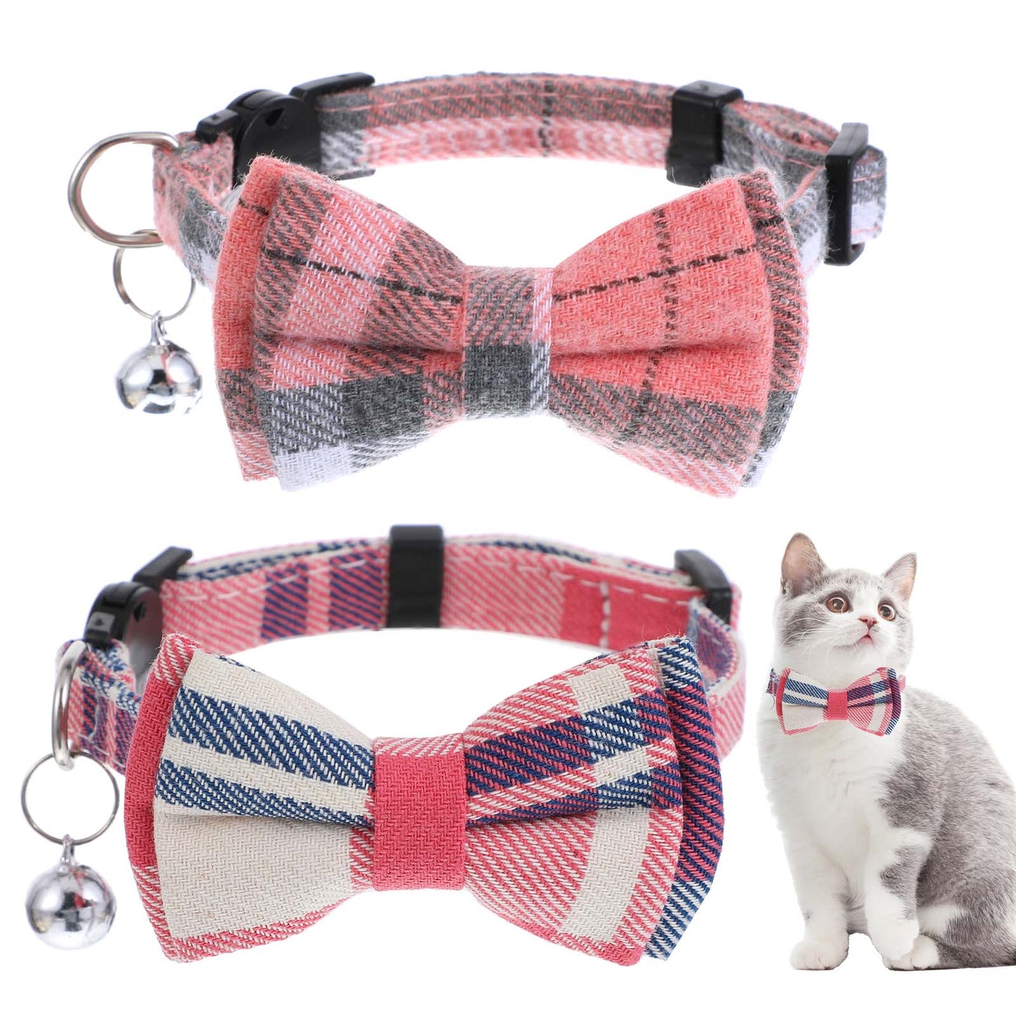 2 Pcs Kitten Tie Collar with Bell Cat Collars with Removable Layer Tie and Bell Adjustable Small Puppy Safety Plaid Pet Collar Suitable for Festivals and Daily (Pink White)