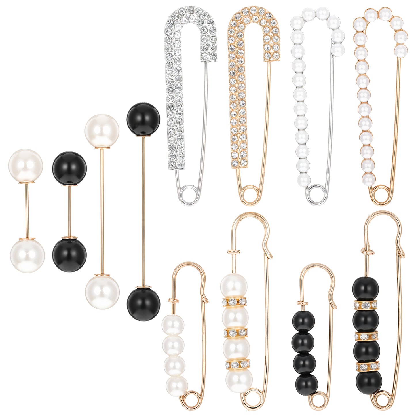 12PCS Brooch Pearl Pins, Decorative Safety Pins for Clothes, Faux Crystal Brooches, Samba Charms Cincher Clip Shawl Dress Shirt Clips for Women Girls Clothing, Jeans, Waist Pants Tightener Extended