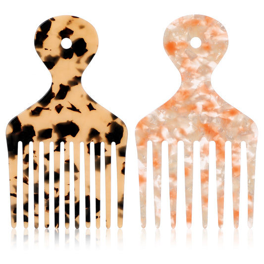 2 Pcs Hair Pick Comb, Wide Tooth Comb for Curly Hair, Brown Orange Tousle Picks, Acetate Pick Combs for Women Men, Styling Hairdressing Tool for Natural Thick Tousle Detangling Lifting, 4.8 Inch