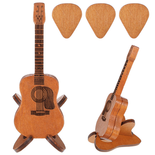 Ymapinc Wooden Guitar Pick Holder with Stand, Guitar Pick Box with 3 Pcs Guitar Shaped Pick Holder Guitar Picks for Acoustic Guitar Electric Bass, Ukulele