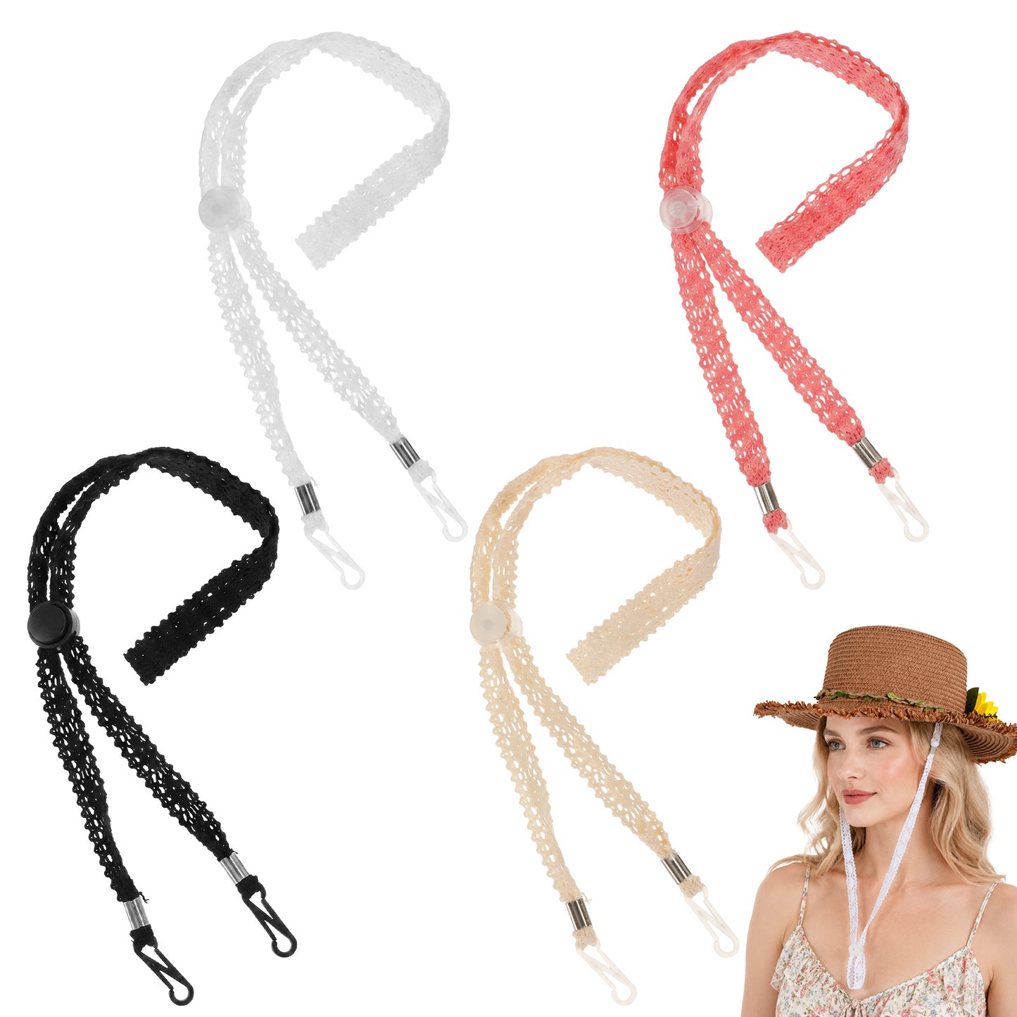 4Pcs Lace Hat Strap for Wind Adjustable Sun Hats Chin Strap with Clips Sun Hat Cord Windproof Keeper Hats Strings Replacement Wide Lace Chin Cord for Women Beach Golfing Boating Outdoor Activities