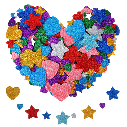 150 PCS Glitter Foam Stickers, Colorful Self Adhesive Glitter Stickers Stars Heart Shapes, Kid's Arts Craft Supplies Greeting Cards Envelopes Scrapbooking Home Decoration
