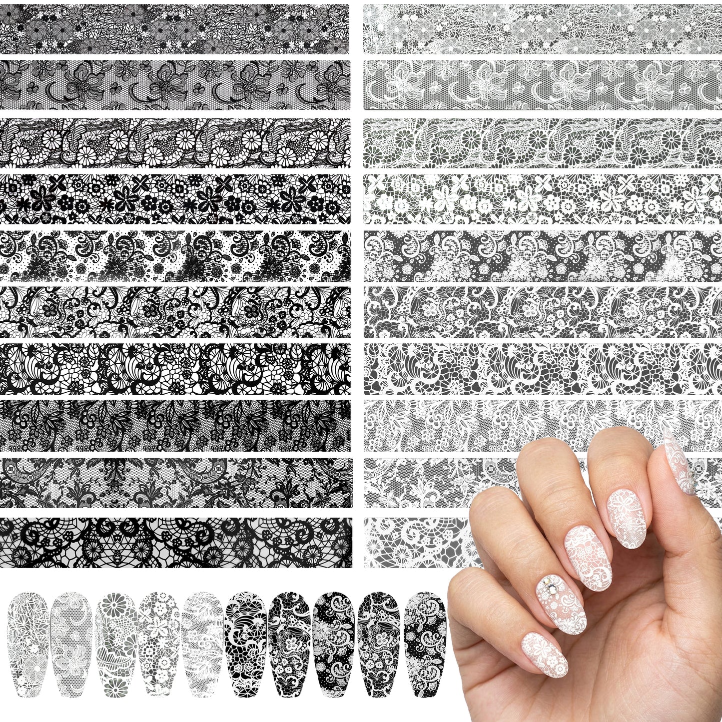 RAHHLIZS 20 Rolls Lace Nail Foil Stickers Black and White Sheets Transfer Nail Art for DIY Nails Women Nails Design Salon Decoration