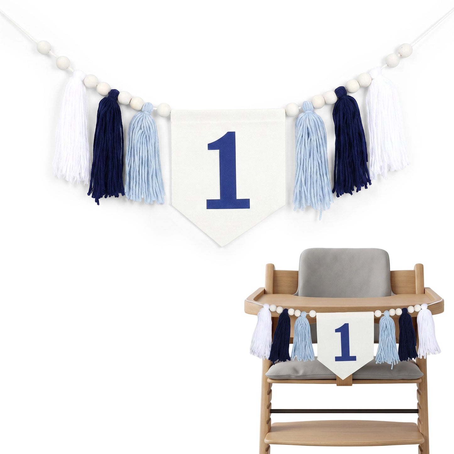 Rahhlizs High Chair Banner, Little One 1st Birthday Party Decorations, Boho Blue Wood Bead Tassel Banner, One Birthday Decorations Photo Props