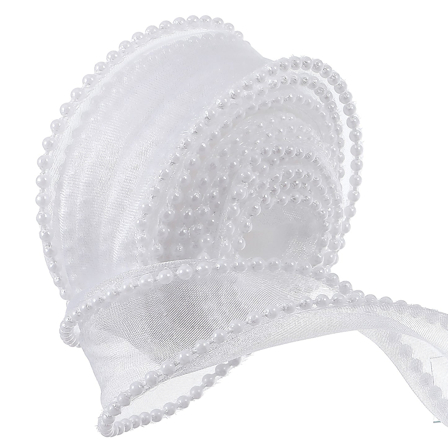 Faux Pearl Edge Ribbon 5 Yards 1.57 Inch Organza Mesh Smooth Ribbon Fishtail Sheer Transparent Ribbons Rolls with Spool for Wedding Craft Gift Wrapping DIY Projects(White)