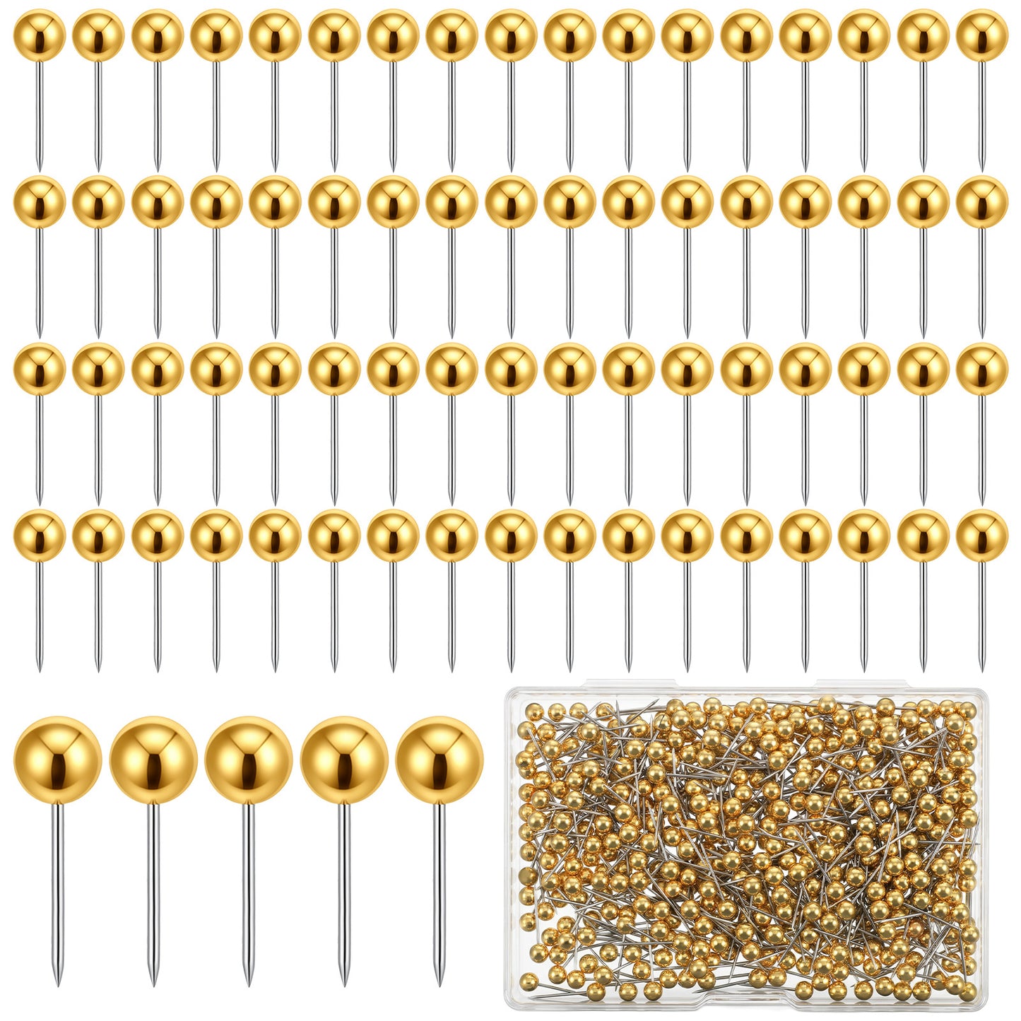 Xinjoduz 500 PCS Gold Push Pins, Metal Round Head Map Pins for Travel Small Maps Thumb Tacks Marking PushPins for Cork Board Bulletin Board Picture Photo Home Office School DIY Craft