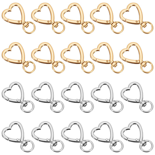 20 Pcs Metal Heart Keychain Clip Set Silver & Gold Heart Carabiner Clips for Keys Snap Hook Keychain Clip Sturdy Cute Spring Snap Clasp Hook for Wristlets Handba Card Holders DIY Crafts