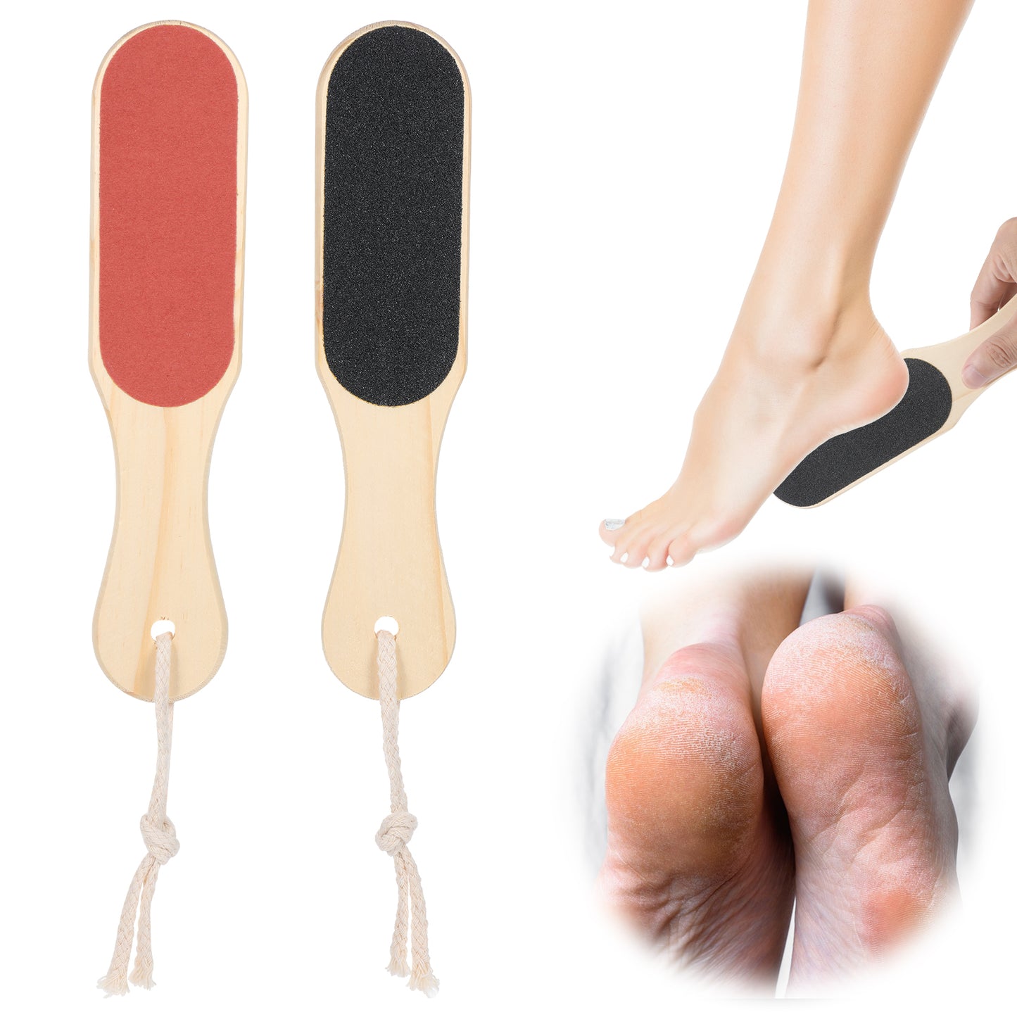 Tyqour 2Pcs Professional Pedicure Foot File Wooden Foot Rasp Double-Sided Feet Scrubber Dead Skin Reusable Foot Callus Remover Scrubber with Handle for Callus Dry Dead Skin Removal Elbows Feet Heels