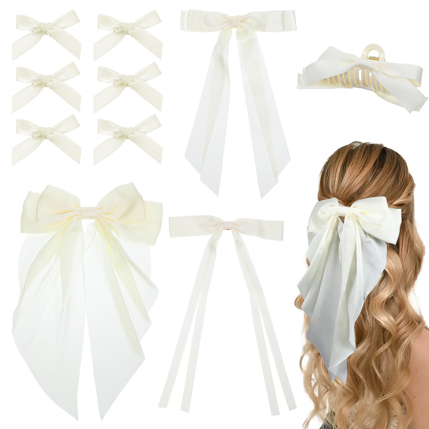10Pcs Silk Satin Hair Bows Clips for Women Girls, White Ribbon Barrettes in Different Sizes, Cute Long Hair Accessories, Large and Small No-Slip Grip Bowknot Clips for Gift Wedding Birthday