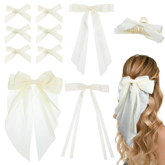10Pcs Silk Satin Hair Bows Clips for Women Girls, White Ribbon Barrettes in Different Sizes, Cute Long Hair Accessories, Large and Small No-Slip Grip Bowknot Clips for Gift Wedding Birthday