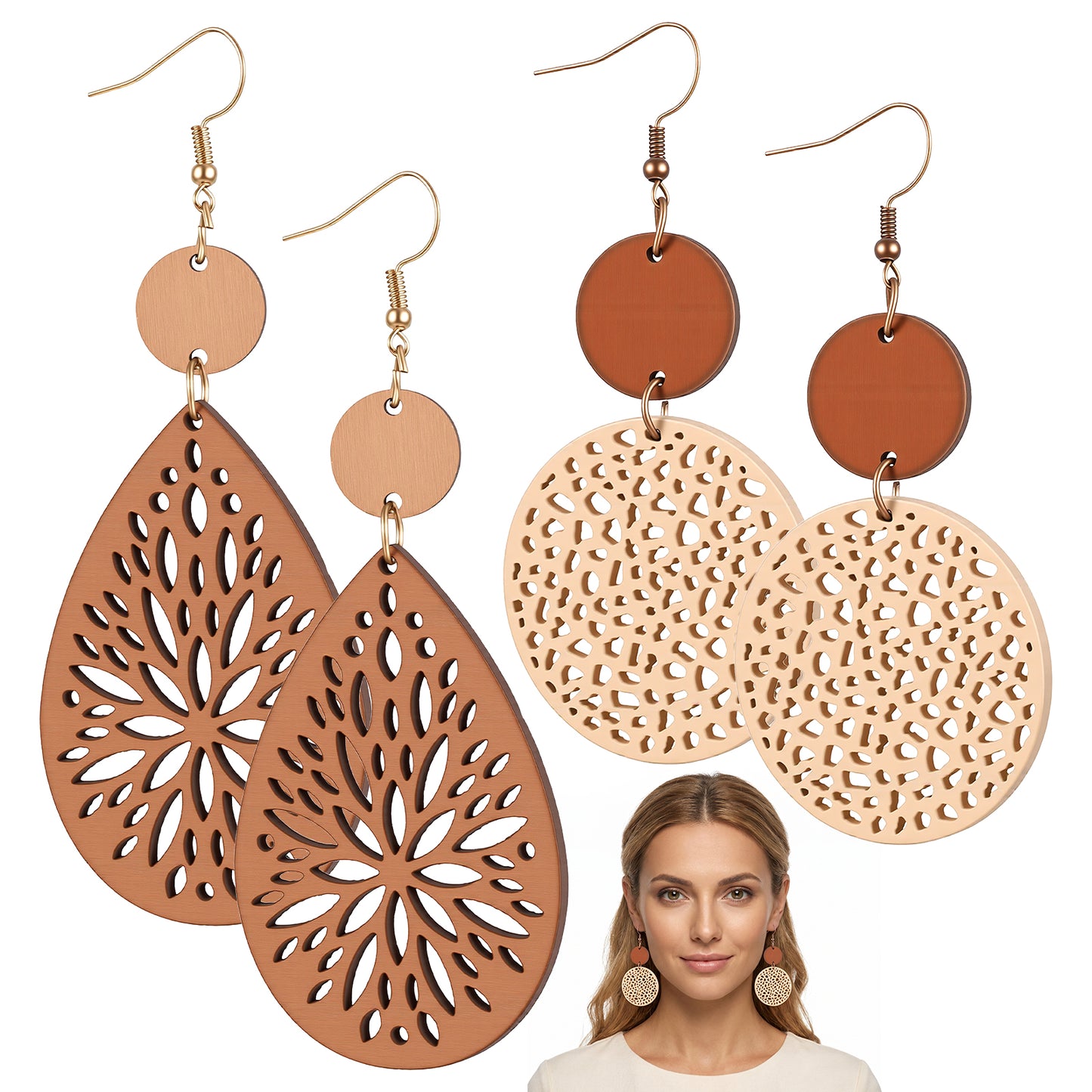 Boho Dangle Earrings for Women, Lightweight Pierced Earrings with Wooden and Iron Design