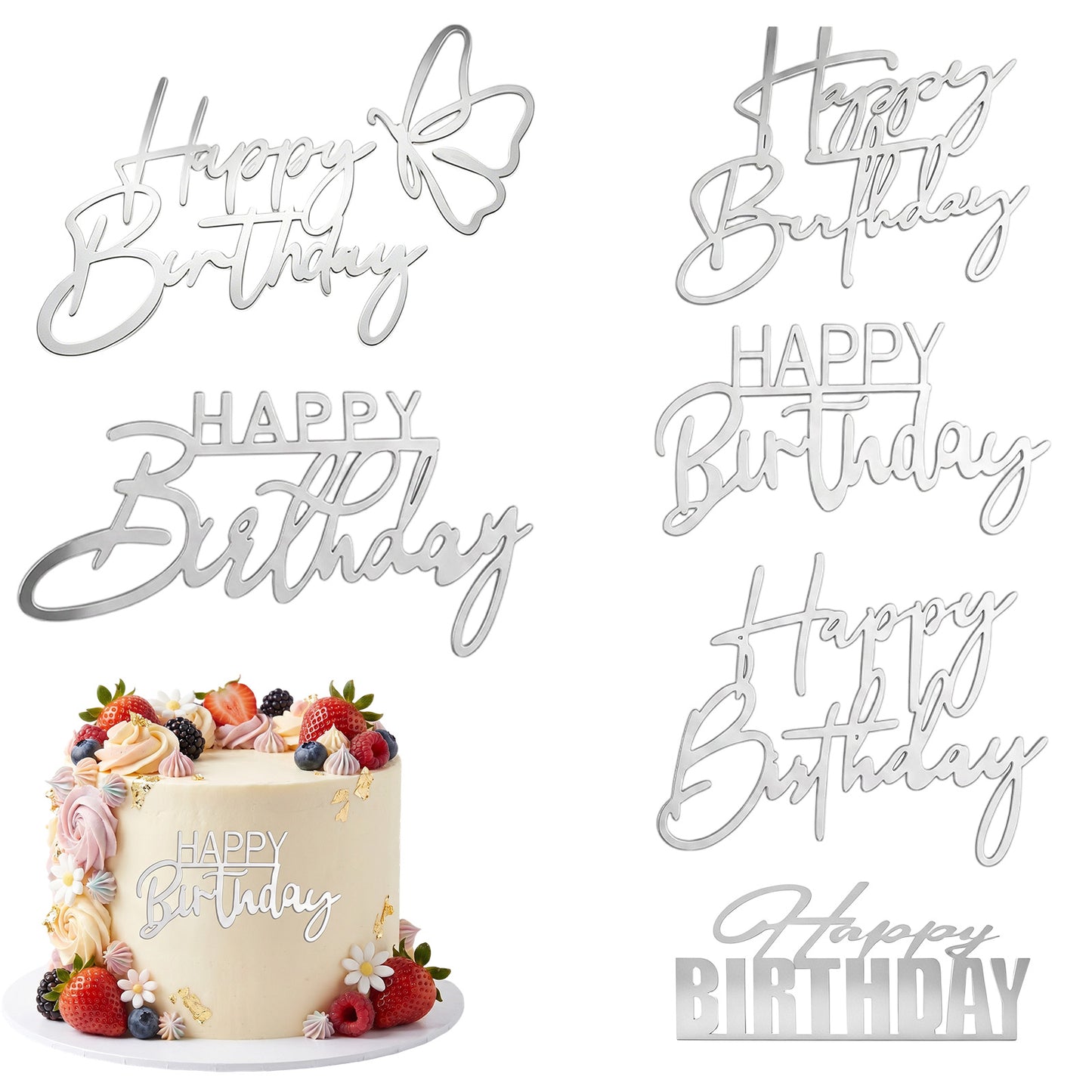 6Pcs Acrylic Happy Birthday Cake Toppers Silver, Ymapinc Elegant Cupcake Toppers Birthday Decorations, Shiny Acrylic Cake Topper for Party Anniversary Celebrations