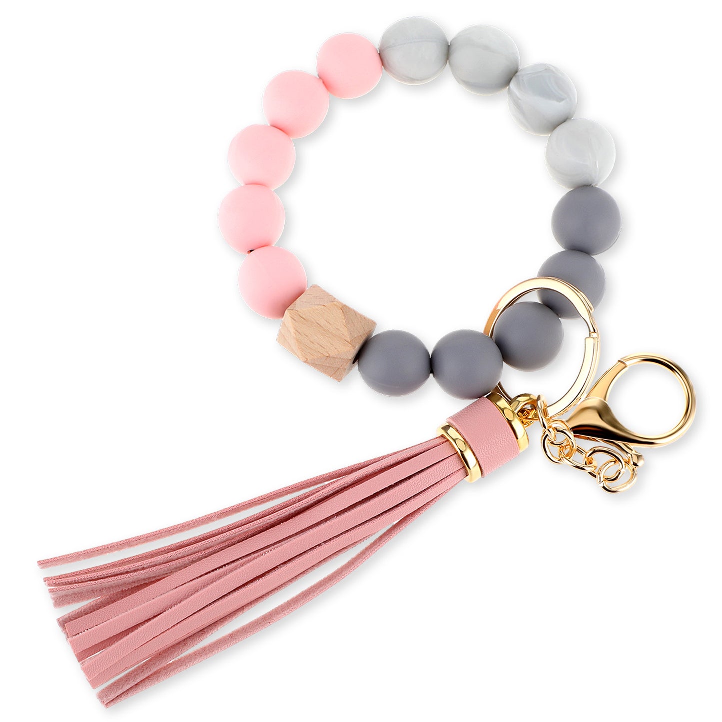 Teaaha Bracelet Keychain Silicone Wrist Lanyard for Keys with Leather Tassel, Key Chain Bangle Silicone Bead Keyring for Pocket Credit Card Holder Purse Women Girls