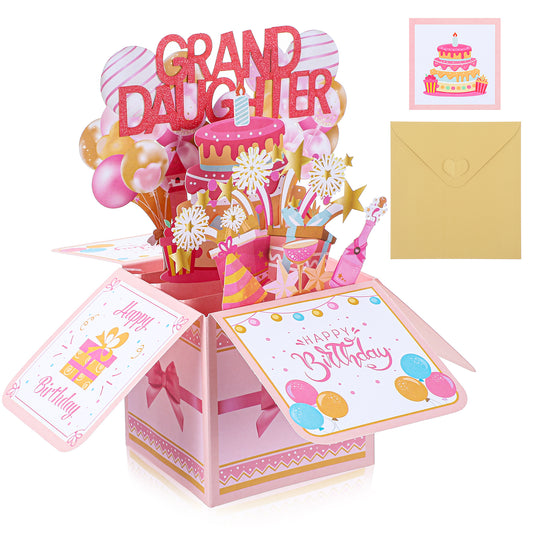 1 Pc Birthday Card for Granddaughter, Happy Birthday Pop Up Card with Colorful Balloons & Fireworks 3D Design, Pink Paper Card with Envelope from Grandparents (7.87 X 7.48 In)