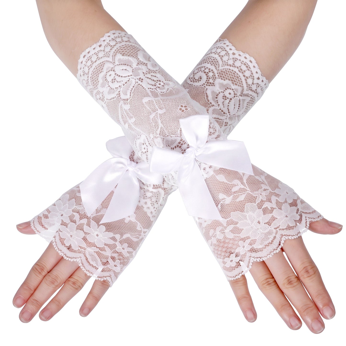 Sorcristy Women White Ruffle Bow Lace Gloves Fingerless Hand Elastic Sleeve