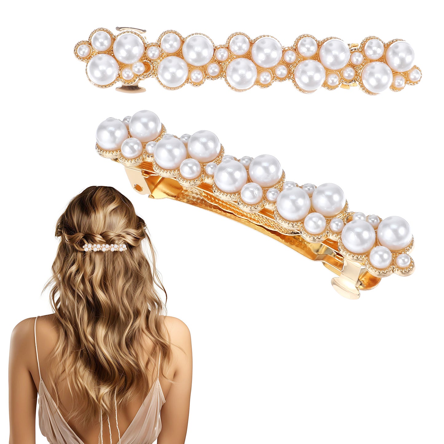 2PCS Pearl Hair Clips, Elegant Pearl Barrettes with Pins for Women, Bridal Accessories for Weddings, Parties, Daily Use (Gold, White)
