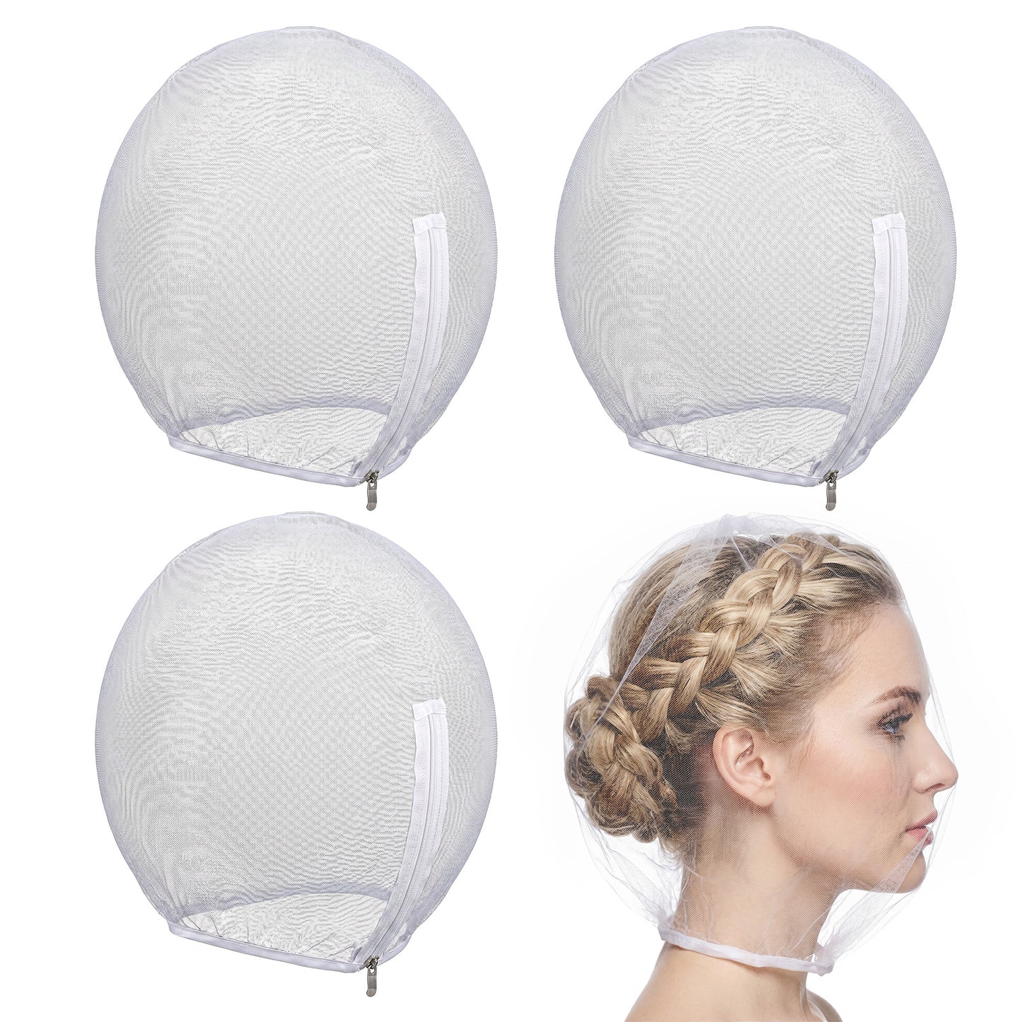 Bremorou 3 Pack Makeup Protector Hood, White Nylon Chiffon Light Airy Washable Hair Net Face Mask Cover, Zipper Closure Reusable Make Up Faces Cover For Women Beauty Weddings (White)