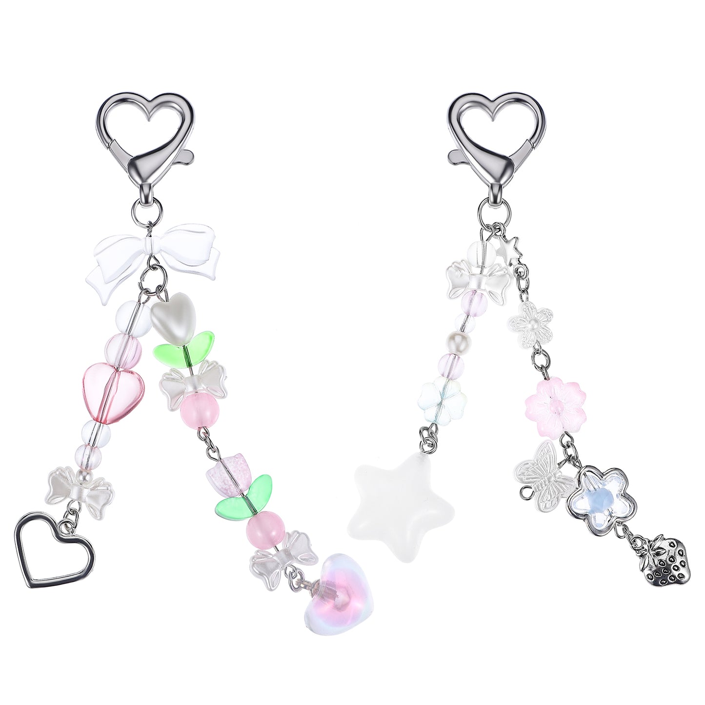 2 Pcs Y2k Keychain Charms 2 Styles Aesthetic Keychain Charms Heart Butterfly Key Chain for Women Beaded Bag Charm Pendant Purse Festival Gifts Pink White Green Sweet Accessories Acrylic Zinc Alloy