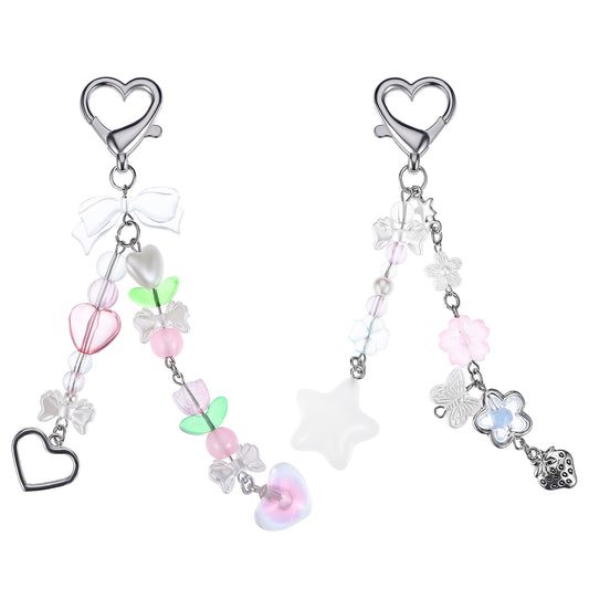 2 Pcs Y2k Keychain Charms 2 Styles Aesthetic Keychain Charms Heart Butterfly Key Chain for Women Beaded Bag Charm Pendant Purse Festival Gifts Pink White Green Sweet Accessories Acrylic Zinc Alloy