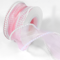 Nogeqi Faux Pearl Ribbon, Smooth Pink Ribbon with Pearl Edges Wire, 4.5m Sheer Mesh Ribbons for Gift Wrapping, Bows Bouquet Decor Crafts, Wedding Bridal Decorations