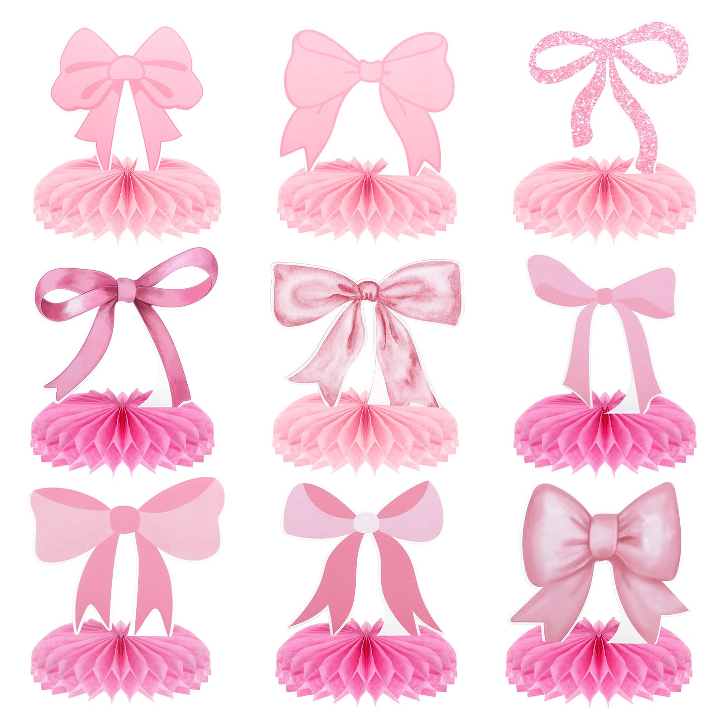9 Pcs Pink Bow Party Honeycomb Centerpieces 3D Coquette Birthday Table Decor Pink Bow Paper Coquette Party Decorations for Birthday Bridal Bachelorette and Wedding Valentines Day Party Supplies