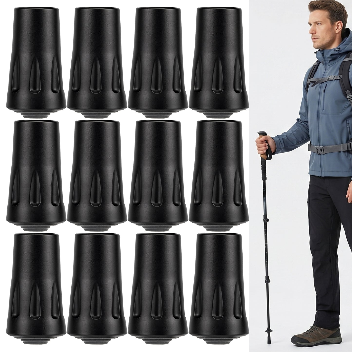 12Pack Heavy Duty Walking Stick Tips Cane Tips Replacement Trekking Pole Accessories Tpu Plastic Universal Fit Non Slip Caps Anti-Slip and Shock Absorbing for Trekking Poles Hiking Sticks Canes(Black)