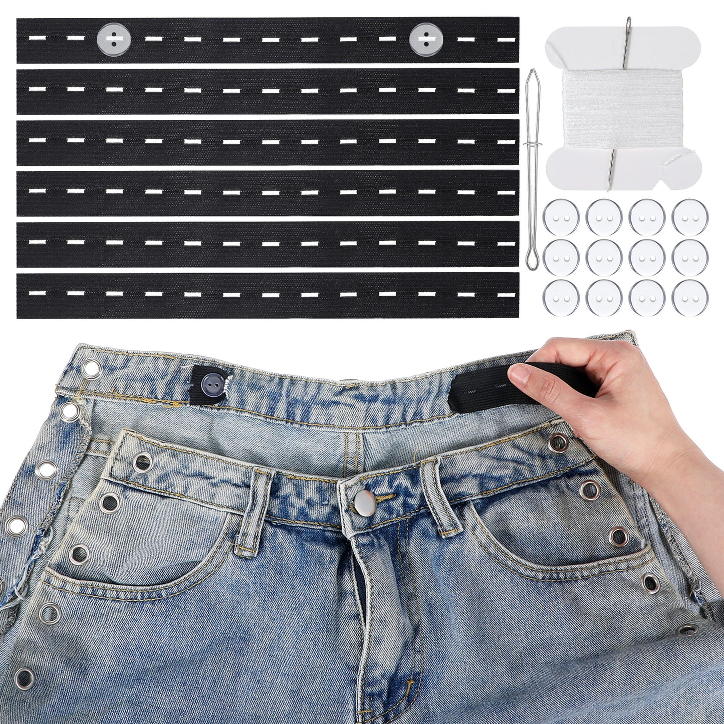 6 Pcs Waist Tightener for Pants Women Jeans Button Tightener Pants Adjuster Waist Tighteners Jeans Waists Tighteners Jean Button Suitable Elastic for Women Men (Black)