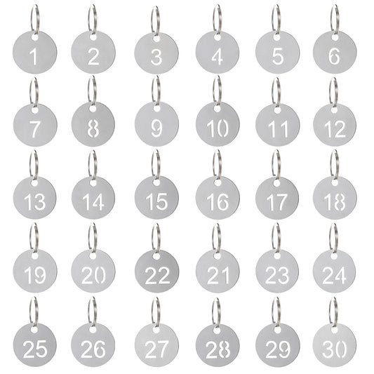 1-30 Key Tags Number Labels with Rings, Stainless Steel Numbered Keychains, Keychain Labels Hollow Numbers Tag Durable Metal Key ID Tags for Dormitory Keys, House Lockers, Luggage