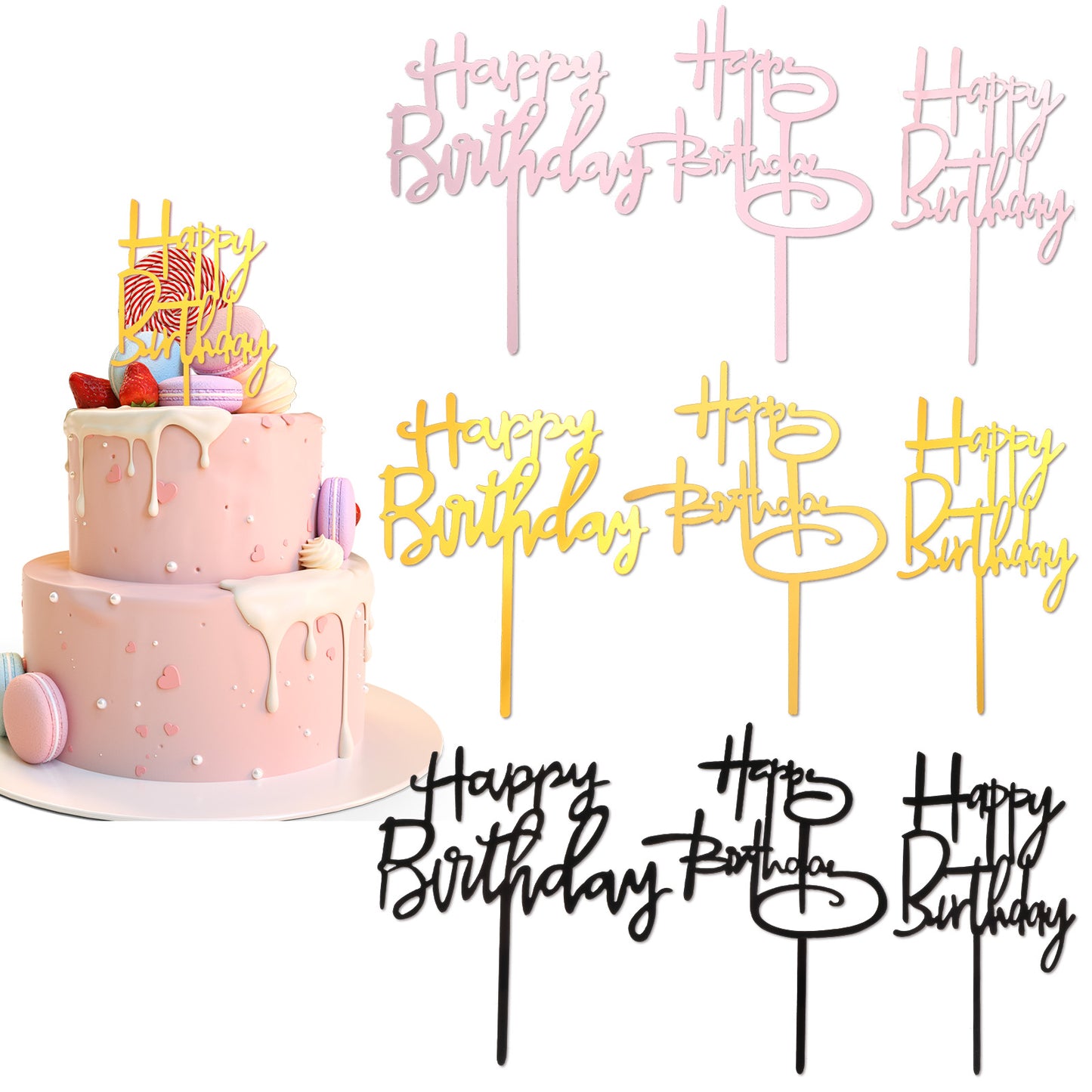 Ouligay 9PCS Happy Birthday Cake Toppers Gold Pink Black, Acrylic Happy Birthday Cake Topper Cupcake Toppers, Elegant Party Decorations