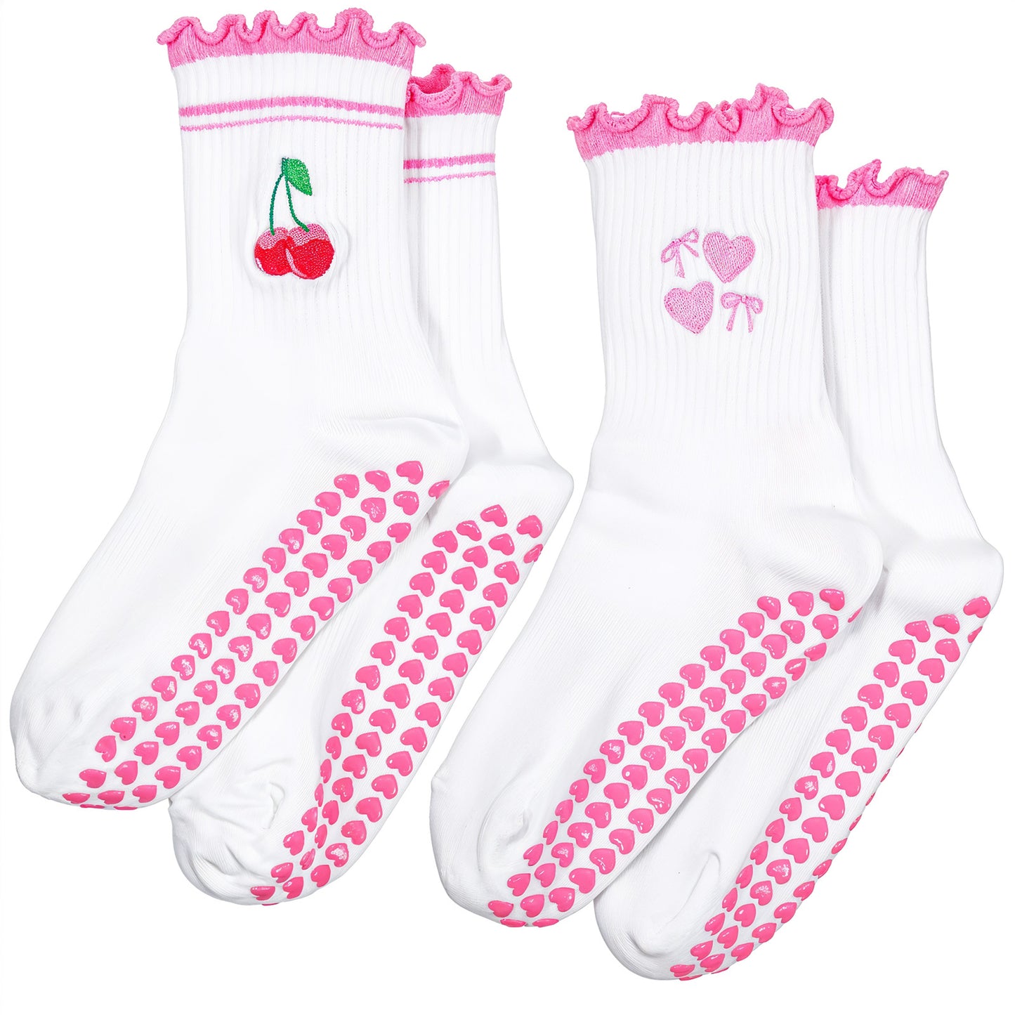 Xinjoduz 2 Pair Pilates Grip Socks for Women, Breathable Cute Reformer Pilates Socks with Grips Non Slip Ruffle Frilly Yoga Sock Cotton Crew Grippy Sock for Barre Workout, 5-10 Inch (Cherry, Heart)