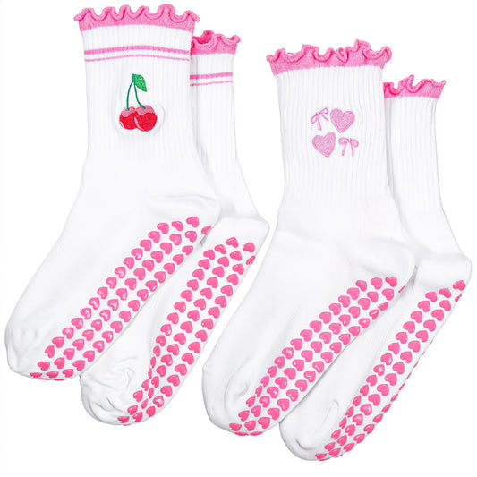 Xinjoduz 2 Pair Pilates Grip Socks for Women, Breathable Cute Reformer Pilates Socks with Grips Non Slip Ruffle Frilly Yoga Sock Cotton Crew Grippy Sock for Barre Workout, 5-10 Inch (Cherry, Heart)