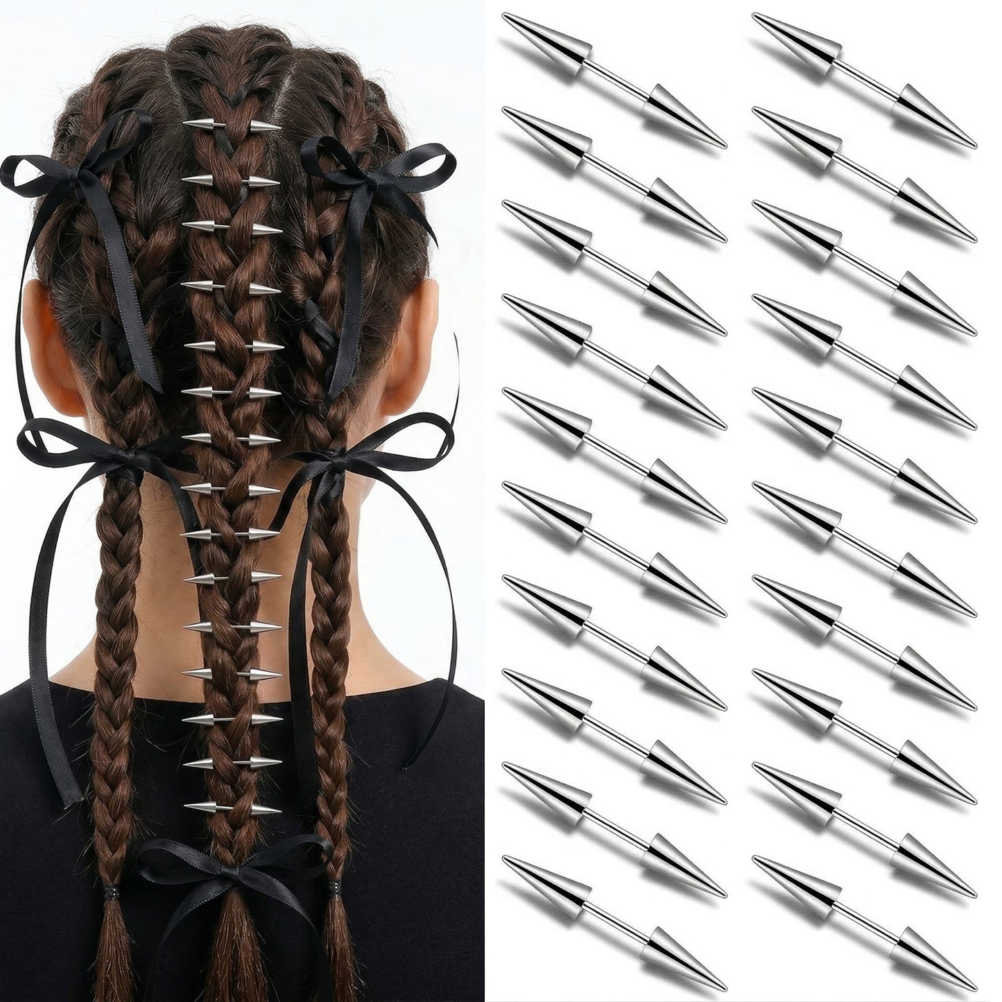 Nogeqi 20 Pcs Hair Spikes Goth Hair Clips for Women, Punk Spiked Emo Style Alt Hair-Accessories, Alternative Hairs Jewelry for Braids, Buns, Silver